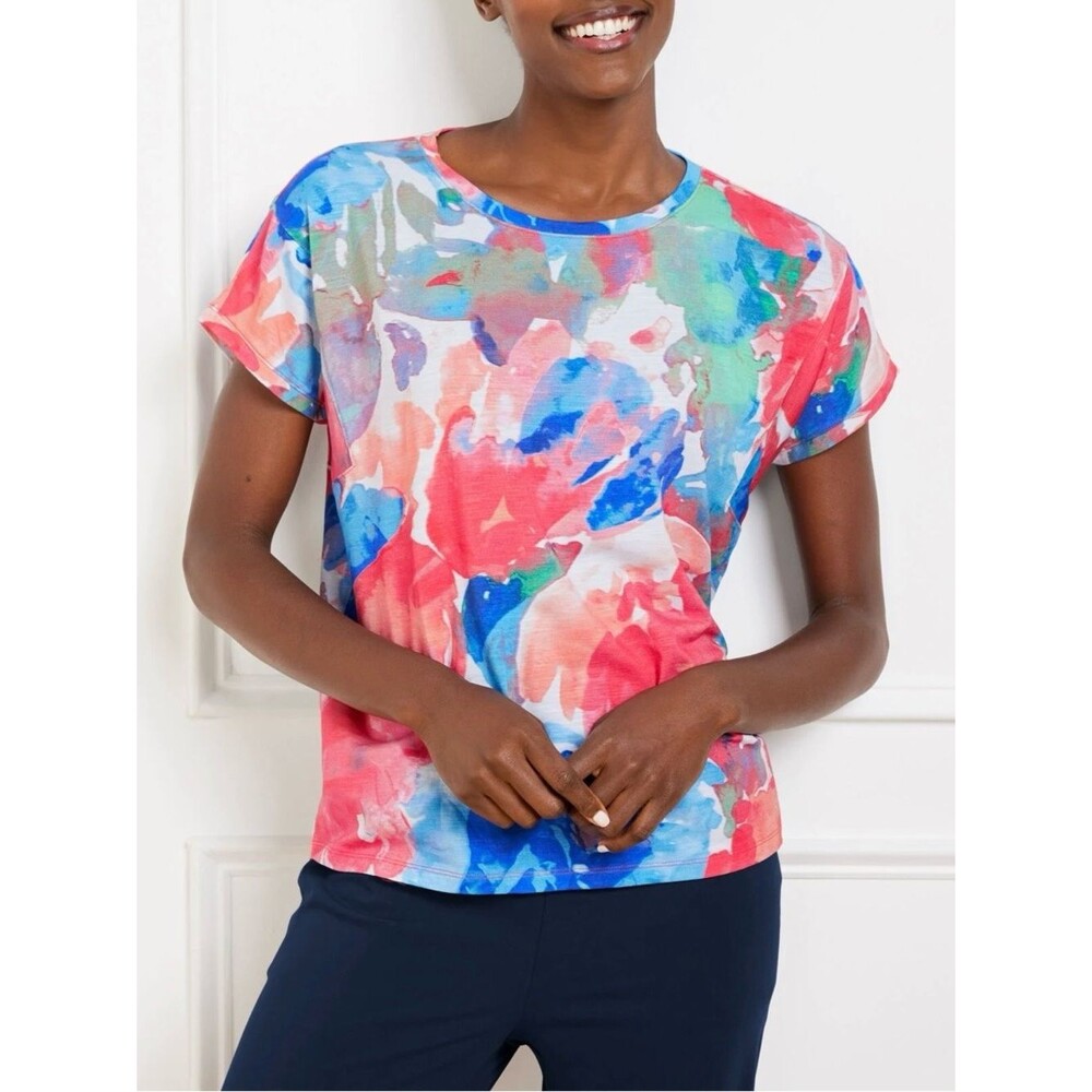 T by Talbots Supersoft Slub Crewneck Tee in Painted Flowers Size Medium Petite